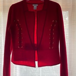 Long sleeved red jacket. 100% wool V neck with hook & eye closure.